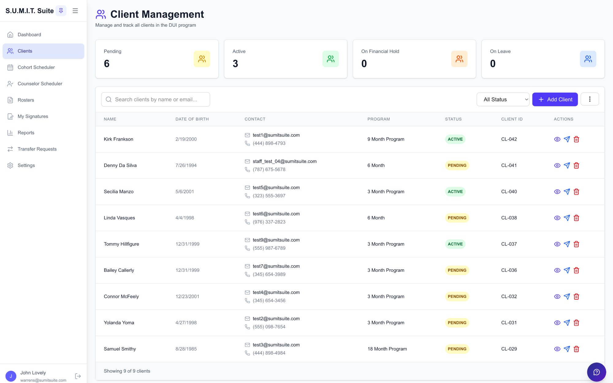 sumithos client management list with active, pending, and on-hold counts