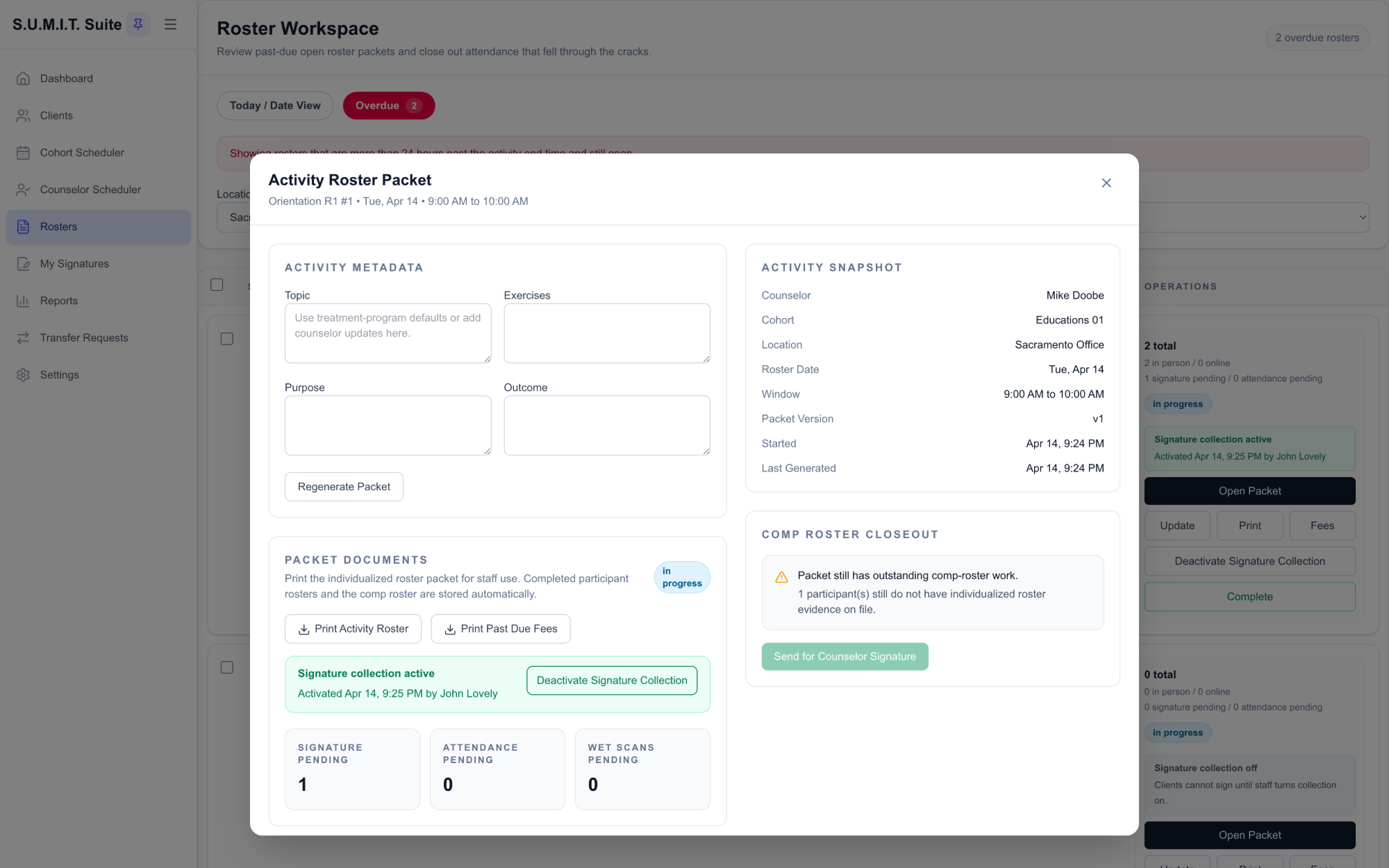 sumithos roster packet with attendance, signatures, and evidence export
